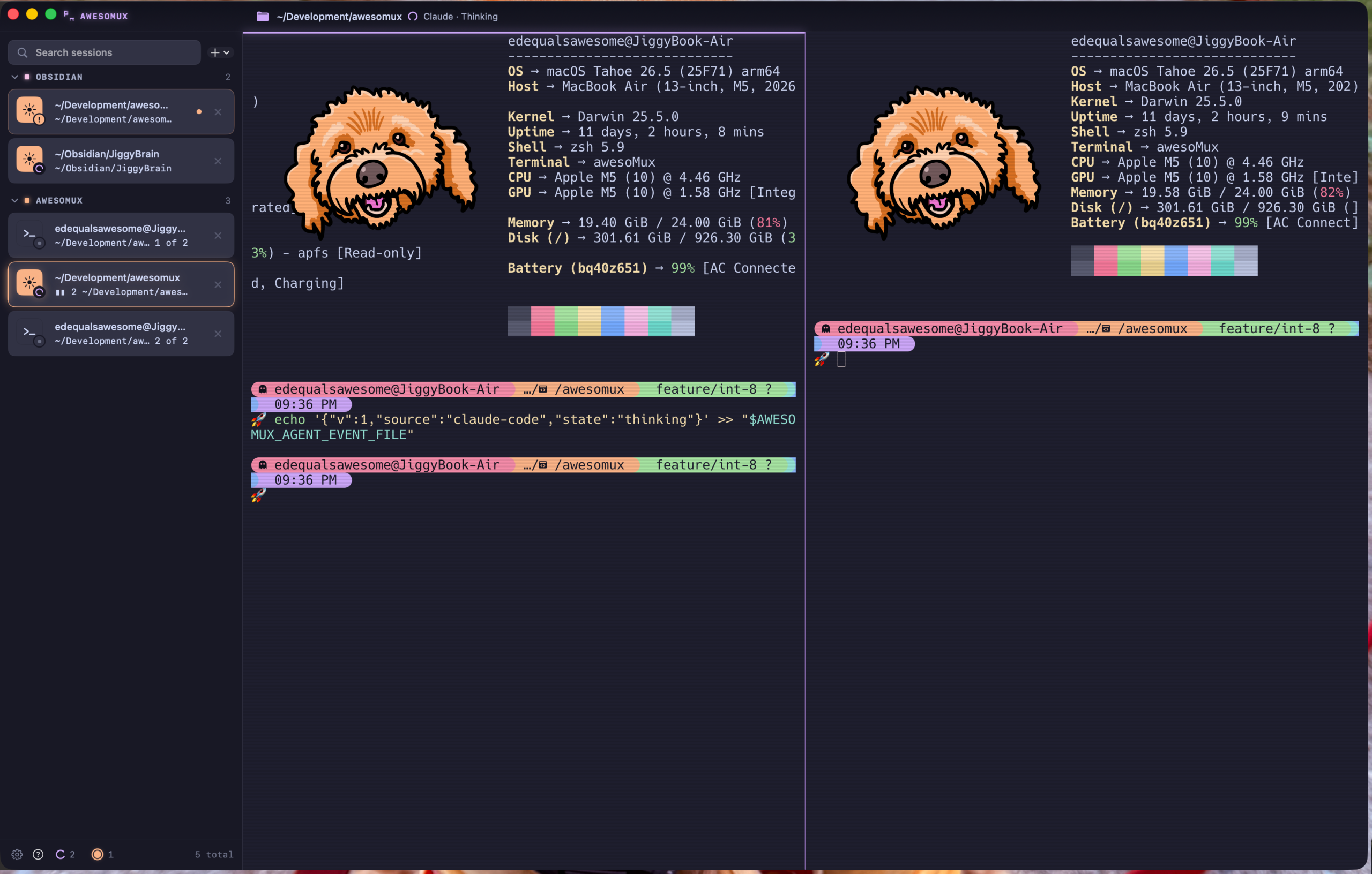 awesoMux running in Catppuccin Mocha: sidebar workspaces, split terminal panes, and an agent thinking